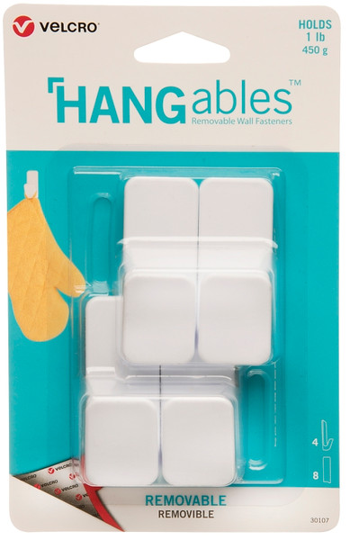 VELCRO Brand HANGables VEL-30107-USA Removable Wall Hook, 1 lb, 4-Hook, White [SKU: ORG3463338]