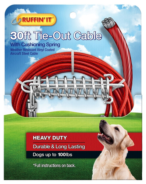 RUFFIN'IT 29230 Cable Tie-Out with Cushioning Spring, Heavy-Duty, Swivel Snap End, 30 ft L Belt/Cable, Steel, Red [SKU: ORG4768008]