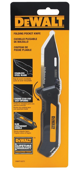 DeWALT DWHT10272 Pocket Knife, 3-1/2 in L Blade, Stainless Steel Blade, Lightweight Slim Handle, Black/Yellow Handle [SKU: ORG5699020]