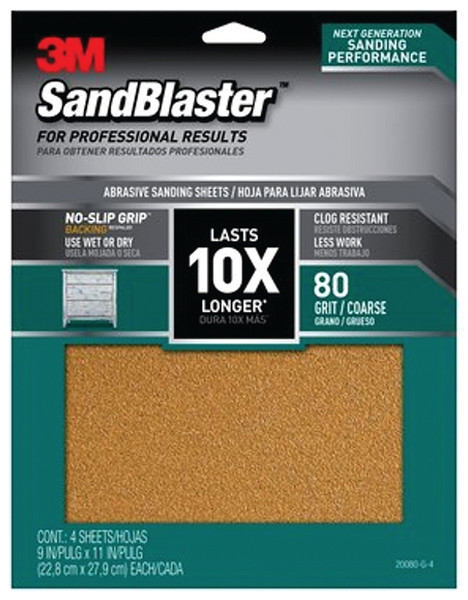 3M SandBlaster Series 20080-G-4 Sandpaper, 11 in L, 9 in W, 80 Grit, Coarse, Aluminum Oxide Abrasive [SKU: ORG7185846]