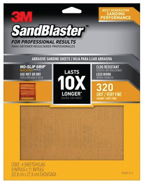 3M SandBlaster Series 20320-G-4 Sandpaper, 11 in L, 9 in W, 320 Grit, Very Fine, Aluminum Oxide Abrasive [SKU: ORG8874810]