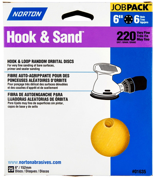 NORTON Hook & Sand 07660701635 Vacuum Disc, 6 in Dia, P220 Grit, Very Fine, Aluminum Oxide Abrasive, Paper Backing [SKU: ORG3310620]
