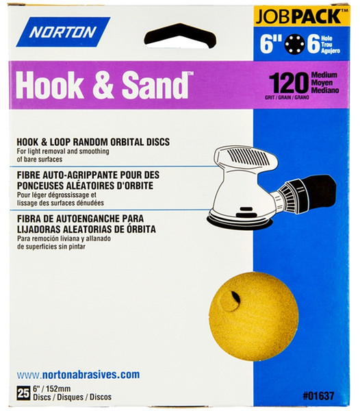 NORTON Hook & Sand 07660701637 Vacuum Disc, 6 in Dia, P120 Grit, Medium, Aluminum Oxide Abrasive, Paper Backing [SKU: ORG3310646]