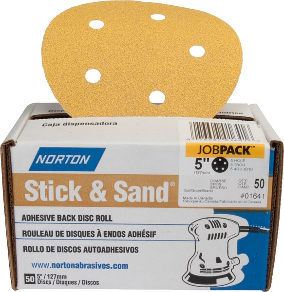 NORTON Stick & Sand 07660701643 Sanding Disc, 5 in Dia, Coated, 100 Grit, Medium, Aluminum Oxide Abrasive [SKU: ORG3310687]