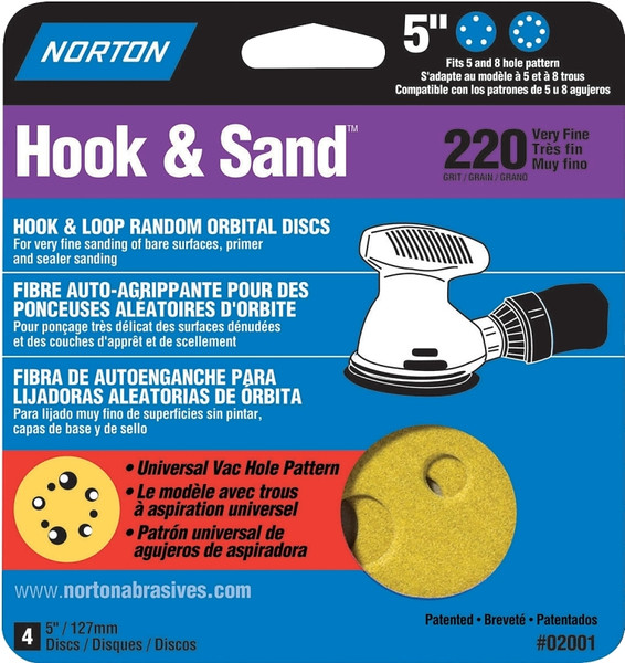 NORTON 02001 Sanding Disc, 5 in Dia, Coated, P220 Grit, Very Fine, Aluminum Oxide Abrasive, C-Weight Paper Backing [SKU: ORG3309630]