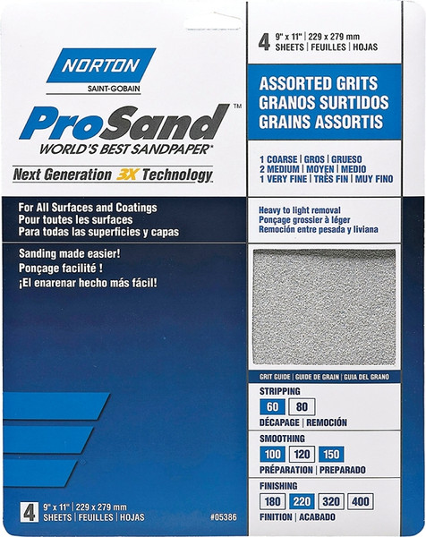 NORTON ProSand 07660705386 Sanding Sheet, 11 in L, 9 in W, Aluminum Oxide Abrasive, Fiber Backing [SKU: ORG3306677]