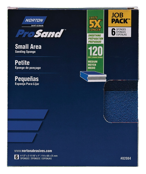 NORTON ProSand 82084 Sanding Sponge, 4-1/2 in L, 2-11/16 in W, 120 Grit, Medium, Aluminum Oxide Abrasive [SKU: ORG3309960]