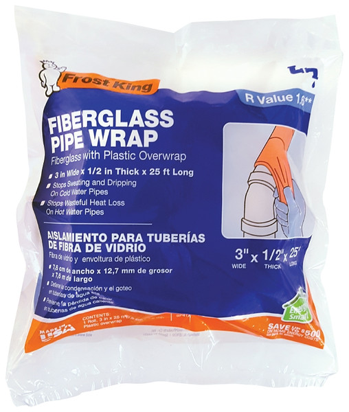 Frost King SP41X Pipe Wrap Kit, 25 ft L, 3 in W, 1/2 in Thick, 1.6 R-Value, Fiberglass [SKU: ORG0048173]