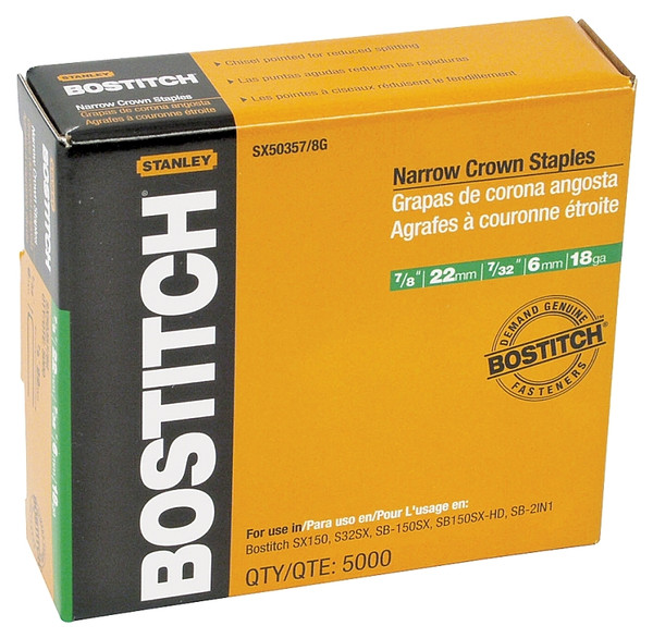 Bostitch SX50357/8G Crown Staple, 7/32 in W Crown, 7/8 in L Leg, 18 Gauge, Steel [SKU: ORG6979140]