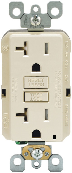 Leviton R96-GFTR2-0KT GFCI Duplex Receptacle, 2 -Pole, 20 A, 125 V, Back, Side Wiring, NEMA: 5-20R, Light Almond [SKU: ORG8062481]