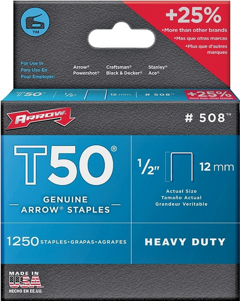 Arrow T50 Series 50824 Flat Crown Staple, 3/8 in W Crown, 1/2 in L Leg [SKU: ORG4479192]