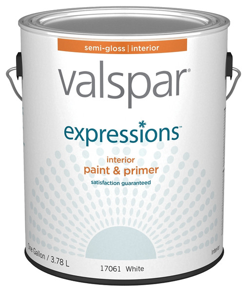 Valspar Expressions 005.0017061.007 Interior Paint, Semi-Gloss, White, 1 gal, Latex Base, Resists: Fade, Stain [SKU: ORG6413777]