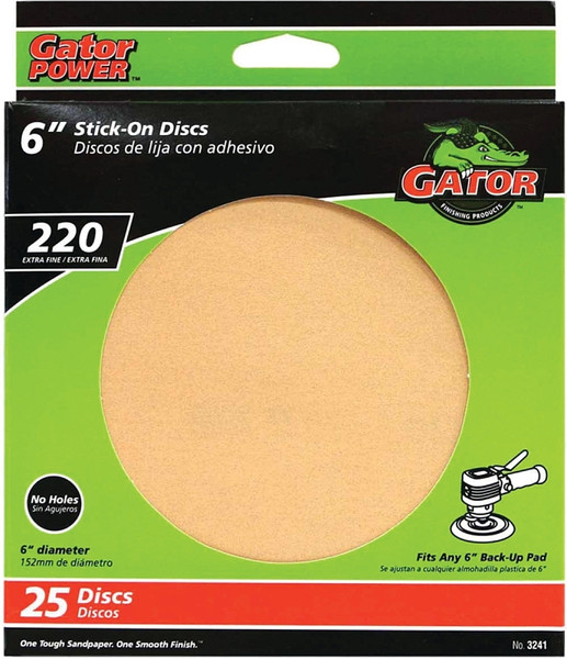 Gator 3241 Sanding Disc, 6 in Dia, Coated, 220 Grit, Extra Fine, Aluminum Oxide Abrasive, Paper Backing [SKU: ORG9988932]