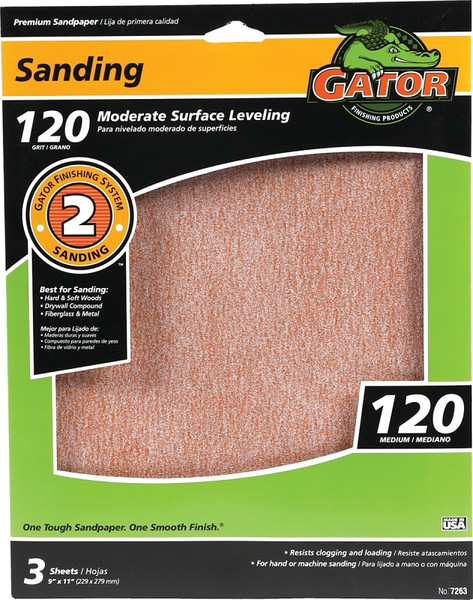 Gator 7263 Sanding Sheet, 11 in L, 9 in W, 120 Grit, Fine, Aluminum Oxide Abrasive [SKU: ORG4195889]