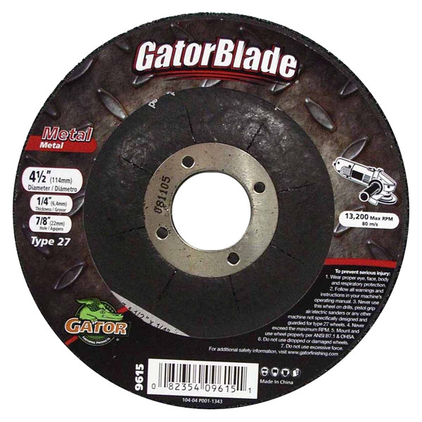 Gator 9615 Grinding Wheel, 4-1/2 in Dia, 1/4 in Thick, 7/8 in Arbor, Aluminum Oxide Abrasive [SKU: ORG8045452]