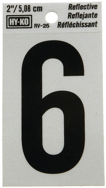 HY-KO RV-25/6 Reflective Sign, Character: 6, 2 in H Character, Black Character, Silver Background, Vinyl [SKU: ORG4608196]
