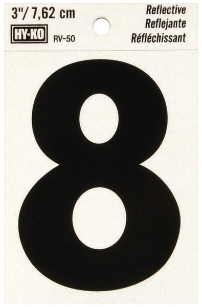 HY-KO RV-50/8 Reflective Sign, Character: 8, 3 in H Character, Black Character, Silver Background, Vinyl [SKU: ORG0200733]