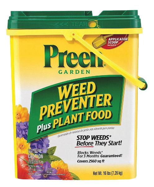 Preen 21-63907 Weed Preventer Plus Plant Food, Granular, 16 lb Drum [SKU: ORG5785878]
