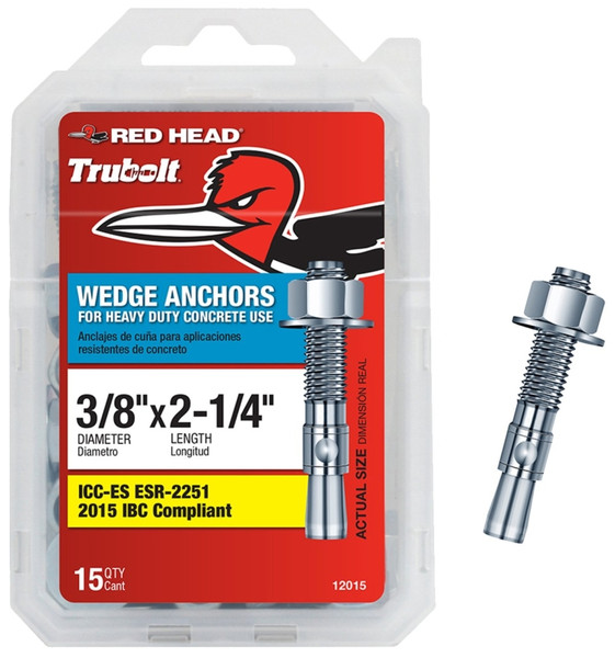 RED HEAD 12015 Concrete Wedge Anchor, 3/8 in Dia, 2-1/4 in L, Steel, Zinc [SKU: ORG2148617]