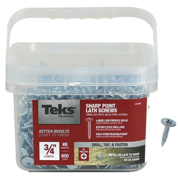 Teks 21506 Lath Screw, #8 Thread, Truss Head, Phillips Drive, Sharp Point, Steel, Zinc, 600 PAIL [SKU: ORG0741207]