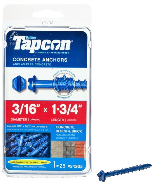 Buildex Tapcon 24205 Concrete Screw Anchor, 3/16 in Dia, 1-3/4 in L, Steel, Climaseal [SKU: ORG2120657]