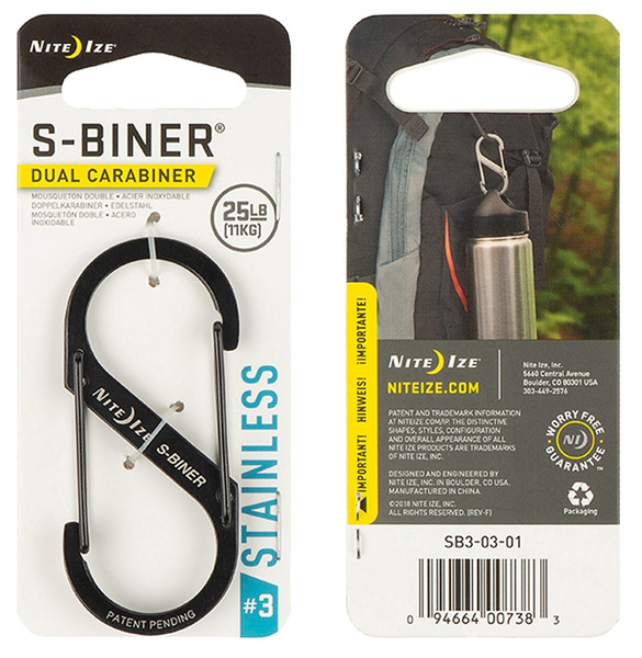 Nite Ize S-Biner Series SB3-03-01 Dual Carabiner, #3 Dia Ring, Stainless Steel, Black [SKU: ORG5576160]