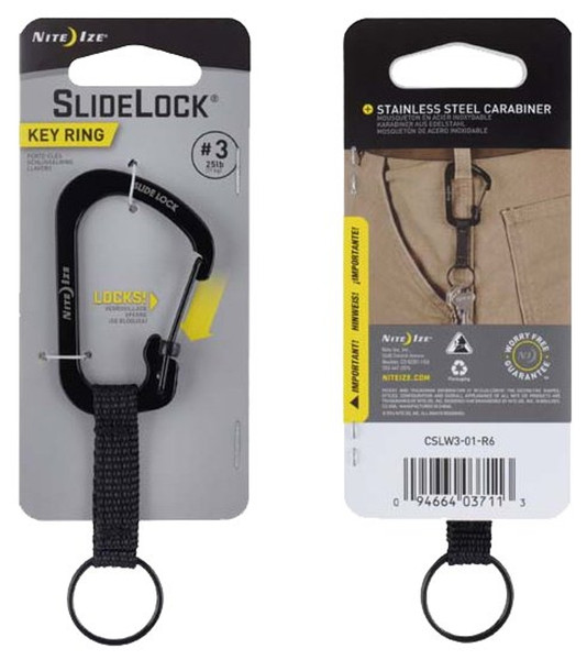 Nite Ize SlideLock CSLW3-01-R6 Key Carabiner, 1-1/2 in OAL, Stainless Steel, Black [SKU: ORG1192111]
