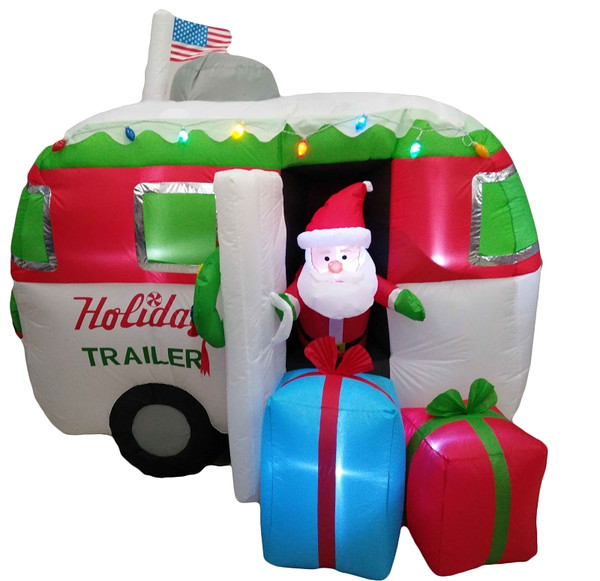 Hometown Holidays 90513 Inflatable Santa Trailer, 63 in H, Blue/Green/Red/White, LED Bulb [SKU: ORG4288692]