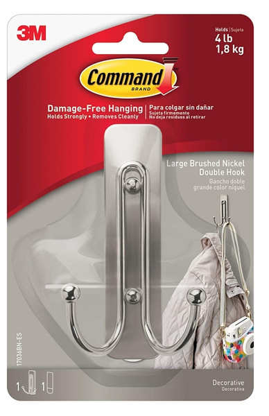 Command 17036BN-ES Large Double Hook, 4 lb, 1-Hook, Metal/Plastic, Gray, Brushed Nickel [SKU: ORG7345267]