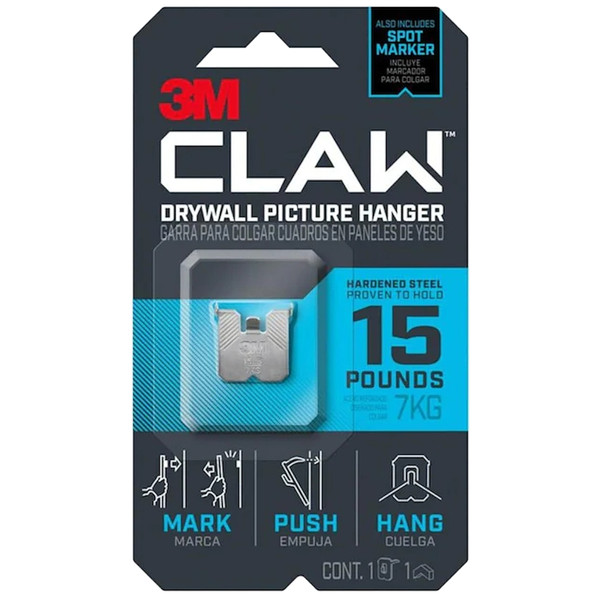 3M CLAW 3PH15M-1ES Drywall Picture Hanger, 15 lb, Steel, Push-In Mounting [SKU: ORG8328619]