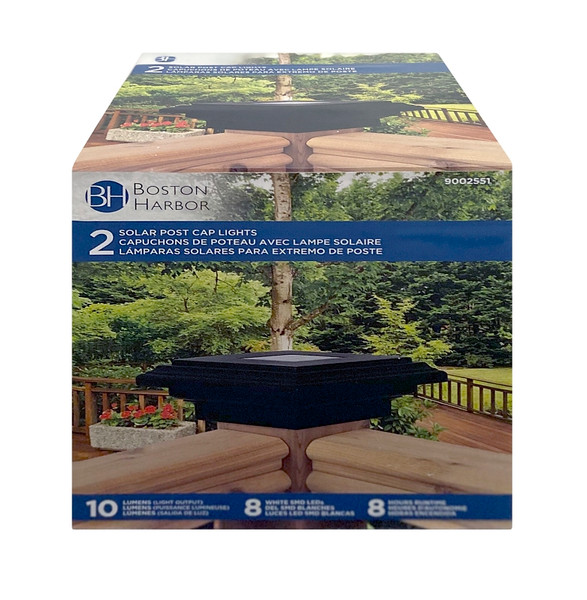 Boston Harbor Solar Fence Postcap Light, Ni-Mh Battery, AA Battery, 8-Lamp, Plastic Fixture, Black [SKU: ORG9002551]