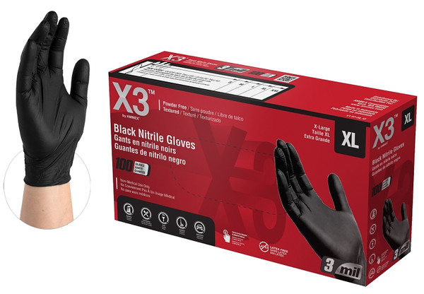 AMMEX BX348100 Disposable Gloves, XL, Nitrile, Powder-Free, Black, 9-1/2 in L [SKU: ORG5784582]