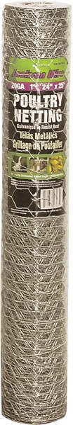 Jackson Wire 12 01 18 16 Poultry Hex Netting, 25 ft L, 24 in W, 20 Gauge, Hexagonal Mesh, 1 in Mesh, Galvanized [SKU: ORG6491039]
