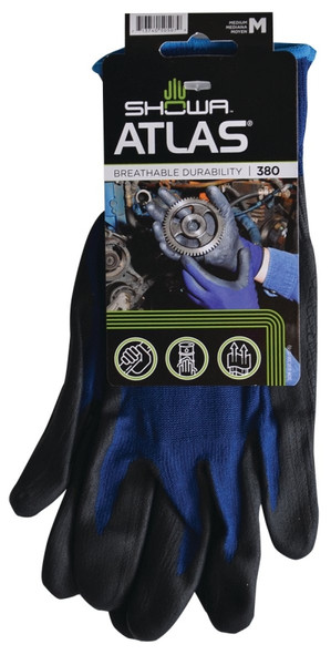 ATLAS 380M-07.RT Lightweight Coated Gloves, M, 8-21/32 to 10-15/64 in L, Elastic Cuff, Nitrile Foam Coating, Black/Blue [SKU: ORG1046630]