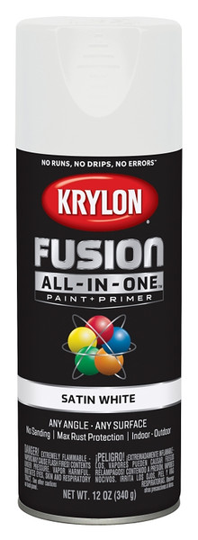 Krylon Fusion K02753007 Primer and Spray Paint, Satin, White, 12 oz, Aerosol Can [SKU: ORG2809507]