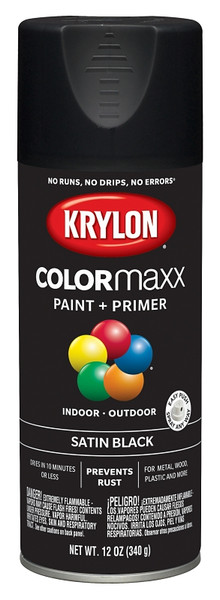 Krylon COLORmaxx K05557007 Spray Paint, Satin, Black, 12 oz, Aerosol Can [SKU: ORG7241615]