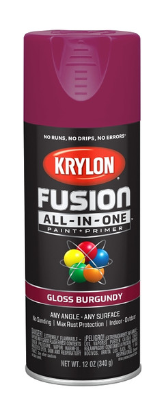 Krylon Fusion K02704007 Primer and Spray Paint, Gloss, Burgundy, 12 oz, Aerosol Can [SKU: ORG2809127]