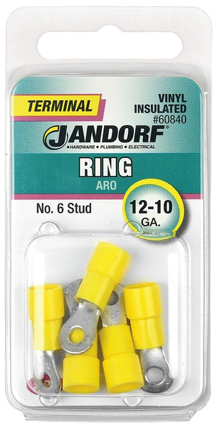 Jandorf 60840 Ring Terminal, 12 to 10 AWG Wire, #6 Stud, Vinyl Insulation, Copper Contact, Yellow [SKU: ORG3400363]
