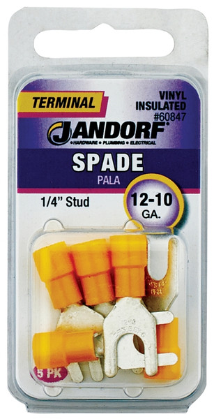 Jandorf 60847 Spade Terminal, 600 V, 12 to 10 AWG Wire, 1/4 in Stud, Vinyl Insulation, Copper Contact, Yellow [SKU: ORG3400439]