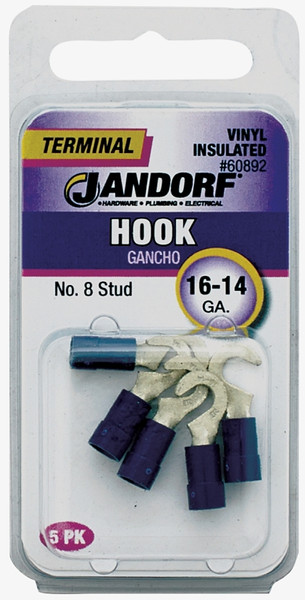 Jandorf 60892 Hook Terminal, 16 to 14 AWG Wire, #8 Stud, Vinyl Insulation, Copper Contact, Blue [SKU: ORG3400918]