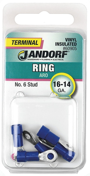 Jandorf 60905 Ring Terminal, 16 to 14 AWG Wire, #6 Stud, Vinyl Insulation, Copper Contact, Blue [SKU: ORG3401064]