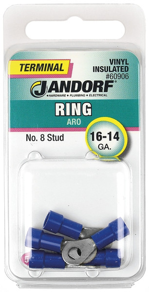 Jandorf 60906 Ring Terminal, 16 to 14 AWG Wire, #8 Stud, Vinyl Insulation, Copper Contact, Blue [SKU: ORG3401072]