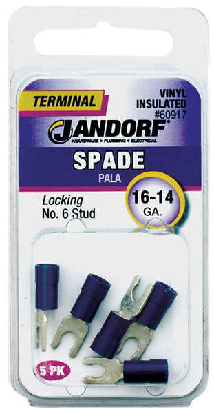 Jandorf 60917 Spade Terminal, 600 V, 16 to 14 AWG Wire, #6 Stud, Vinyl Insulation, Copper Contact, Blue [SKU: ORG3401221]