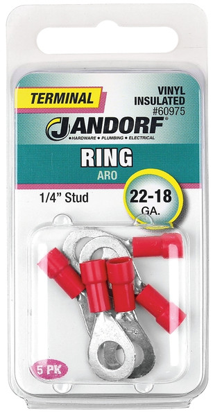 Jandorf 60975 Ring Terminal, 22 to 18 AWG Wire, 1/4 in Stud, Vinyl Insulation, Copper Contact, Red [SKU: ORG3401882]