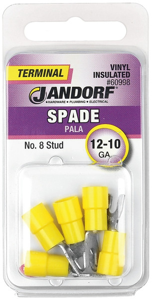 Jandorf 60998 Spade Terminal, 600 V, 12 to 10 AWG Wire, #8 Stud, Vinyl Insulation, Copper Contact, Yellow [SKU: ORG3402138]