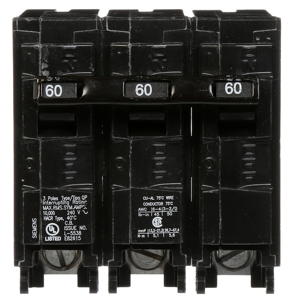 Siemens Q360 Circuit Breaker, Low Voltage, Mini, Standard, 60 A, 3 -Pole, 240 VAC, Common Trip, Plug Mounting [SKU: ORG7413867]