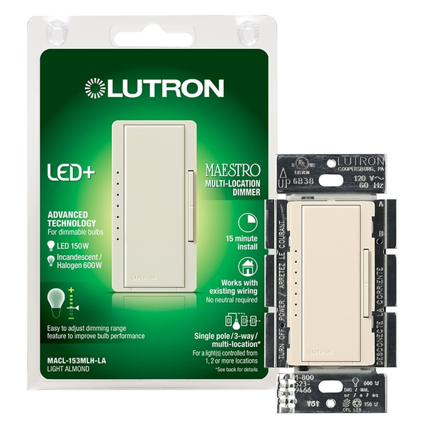 Lutron Maestro MACL-153MLH-LA C.L Dimmer, 1.25 A, 120 V, 150 W, CFL, Halogen, Incandescent, LED Lamp, 3-Way, Almond [SKU: ORG4994505]