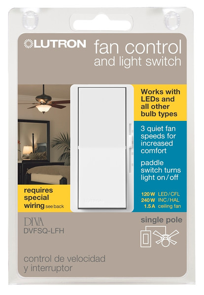 Lutron DVFSQ-LFH-WH Fan and Light Control Switch, 1.5 A, 120 VAC, 120 W, LED Lamp, White [SKU: ORG3779071]