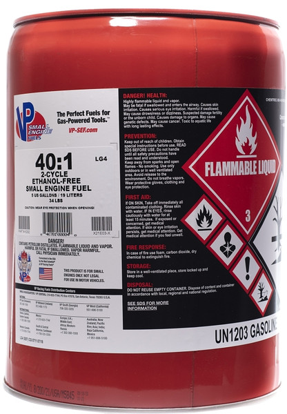 VP Racing FUELS 6292 40:1 Premixed Small Engine Fuel, Aromatic Hydrocarbon, Red, 5 gal Pail [SKU: ORG0053256]