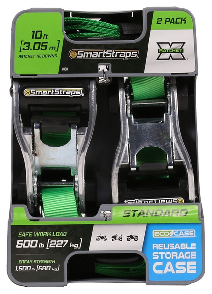 SmartStrap 338 Tie-Down, 1 in W, 10 ft L, Polyester, Green, 500 lb, S-Hook End Fitting, Steel End Fitting [SKU: ORG8753899]